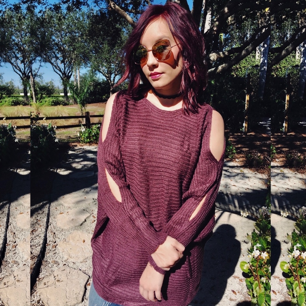 Plum Oversized Sweater Tunic Cold Shoulder - Picture 5 of 8